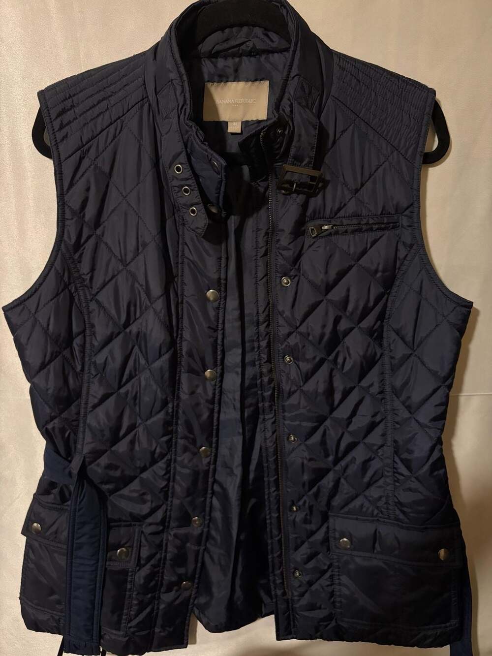 Banana Republic Quilted Vest Size M Navy Blue Belted Puffer